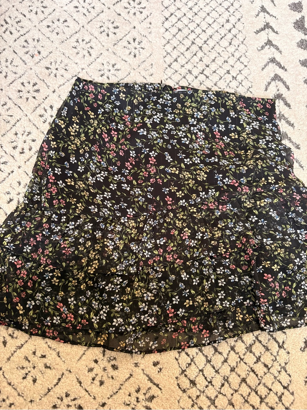 Vintage Black Floral Mini Skirt - Lightweight Ruffle Hem